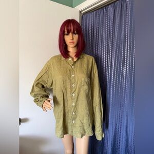 SHIRT Olive Green 100% Linen Button Down M USA Long Back Hem Oversized